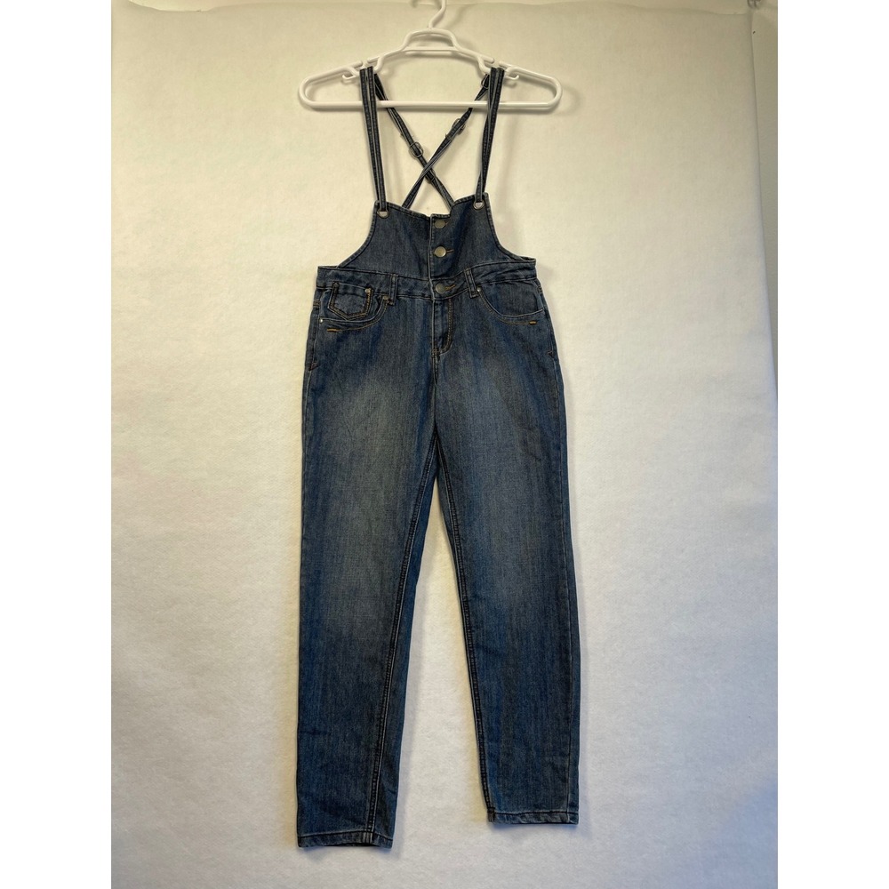 Hot Kiss Denim Bib‎ Overalls Medium Wash Adjustable Straps Straight Leg Size 30